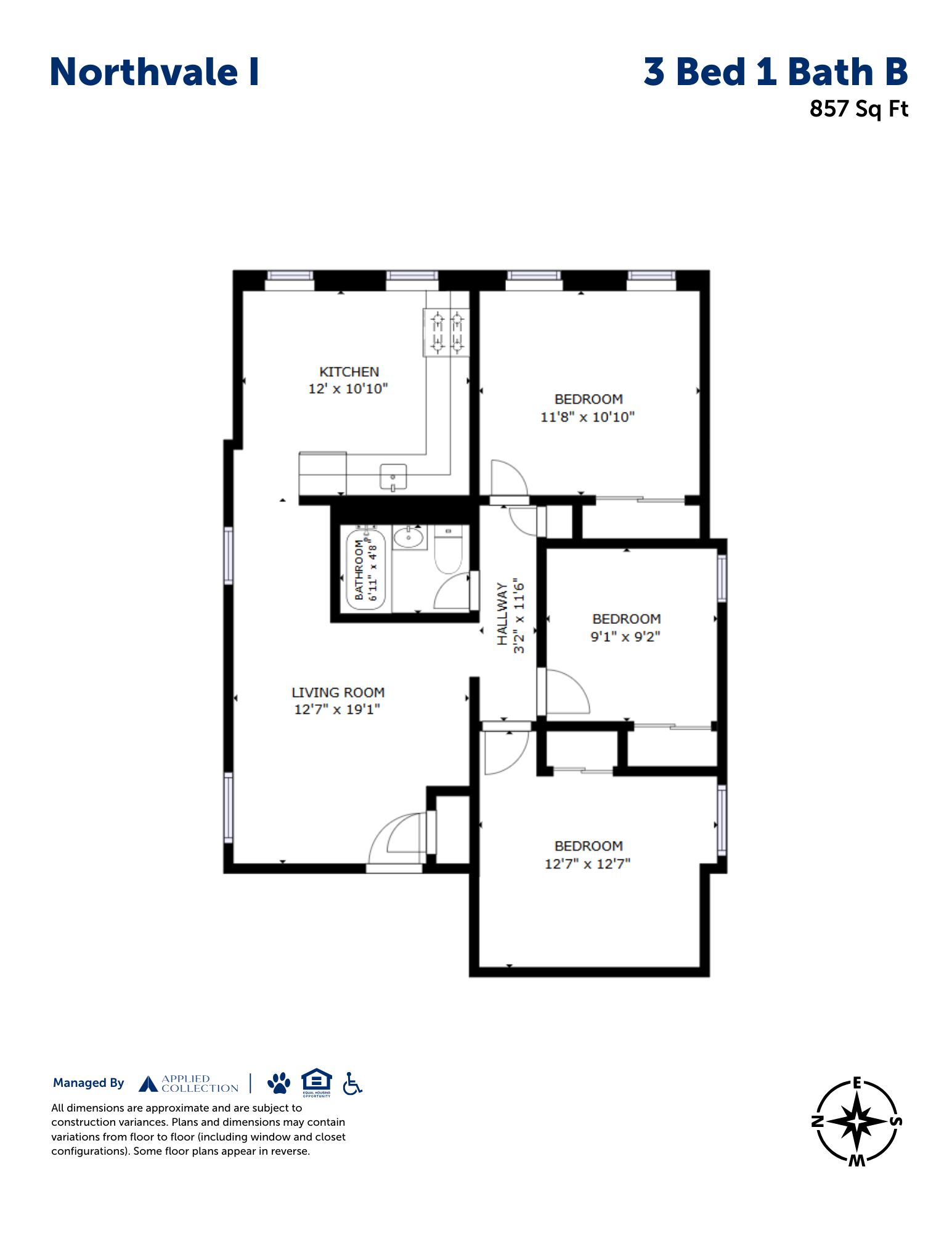 Floor plan for 3 beds, 1 bath, 857 sqft